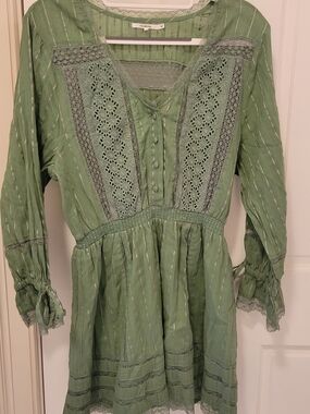 Tularosa Green Embroidered Peasant Tunic Dress Size M